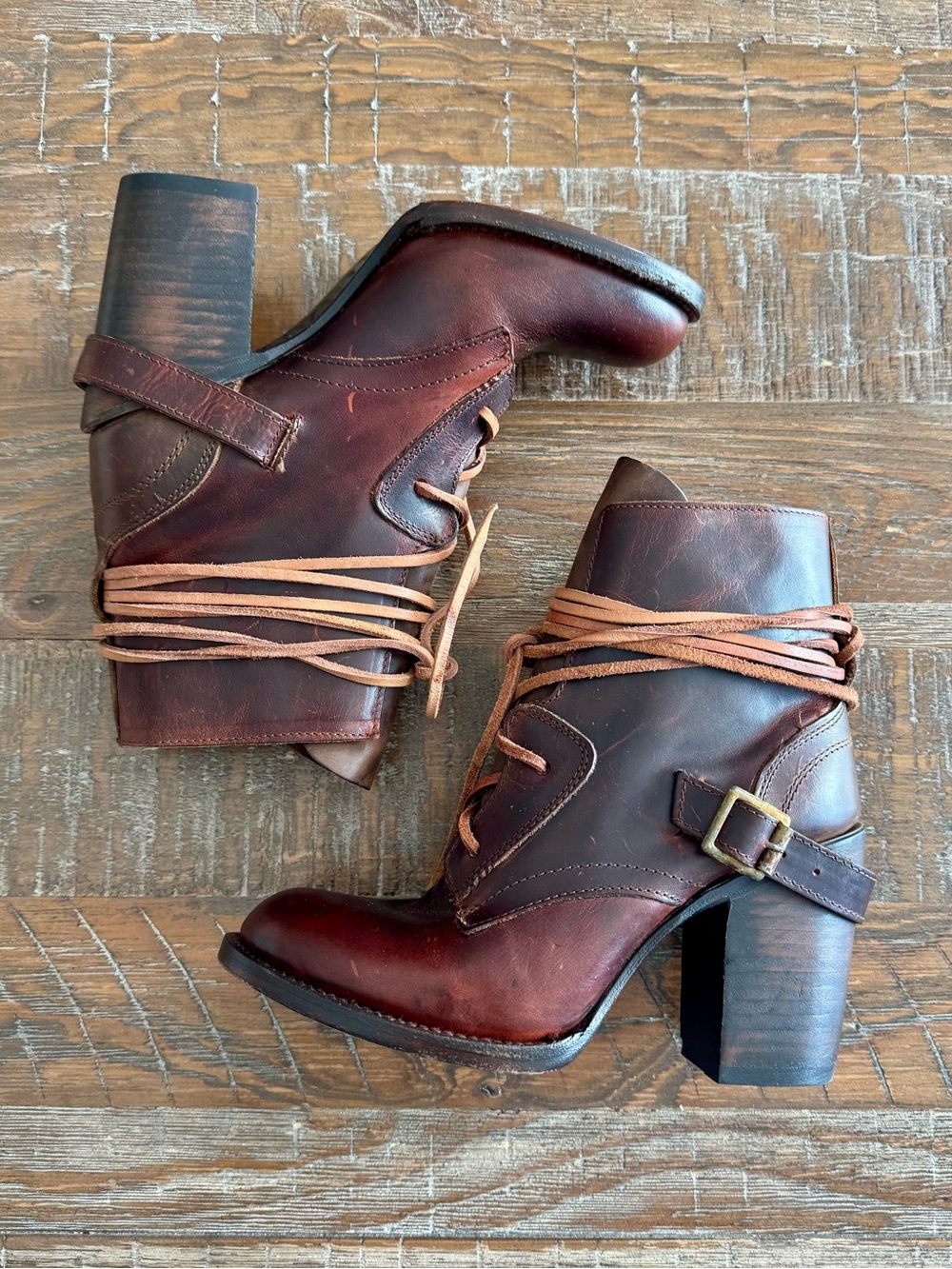 New Freebird by Steven OG Billy Leather Heeled Ankle Boots w/ Wrap Laces, Size 8